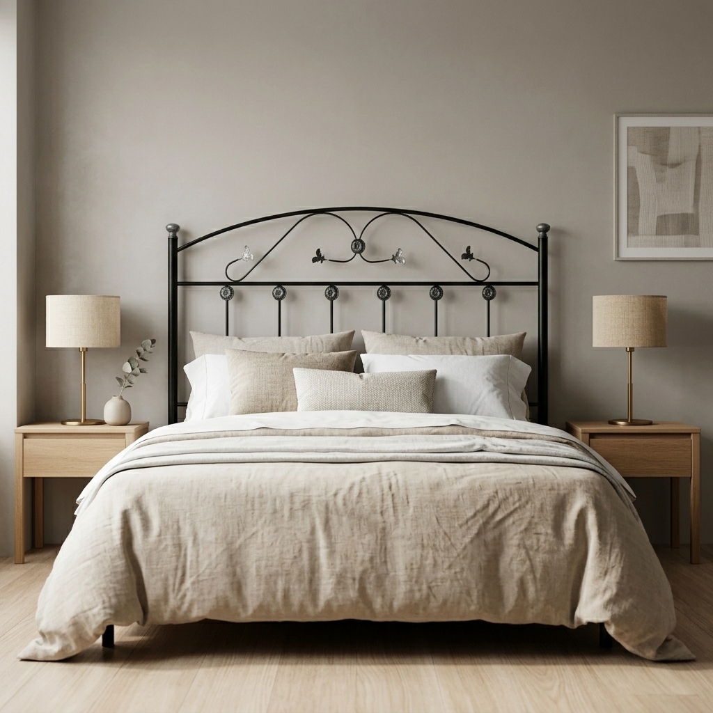 Cabecero de forja negro con hojas en habitacion